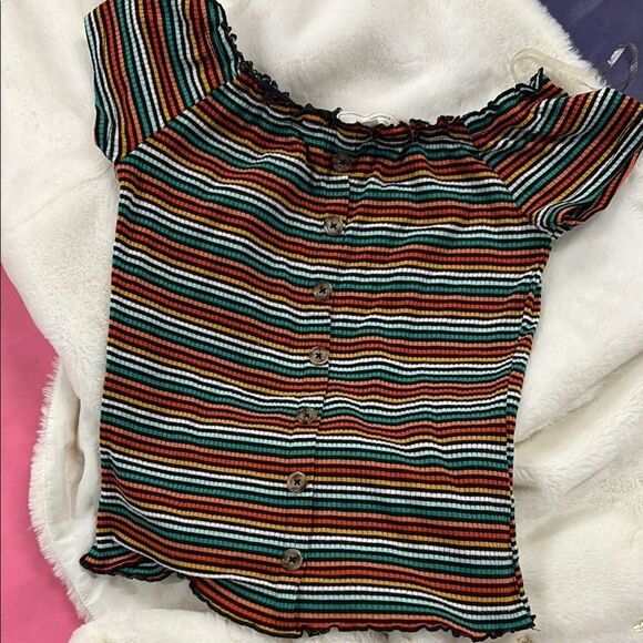 Striped Off-Shoulder Button-Up Top - Picture 1 of 10